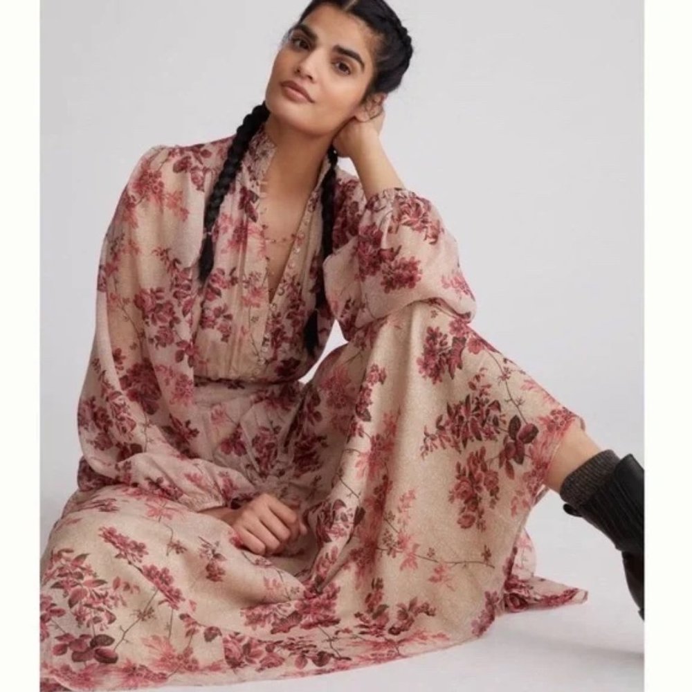 Anthropologie LET ME BE Softly puff Sleeve Delicate Draping Floral Maxi Dress L